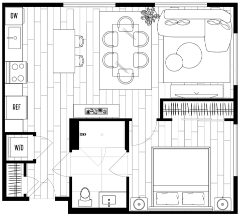 Floor plan for 1 bed, 1 bath, 646 sqft